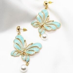 Oversized Blue Butterfly Pearl Earrings